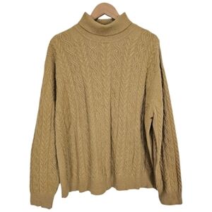 Rainforest Merino Wool Turtleneck Cable Knit Sweater Tan Womens Size XL Relaxed